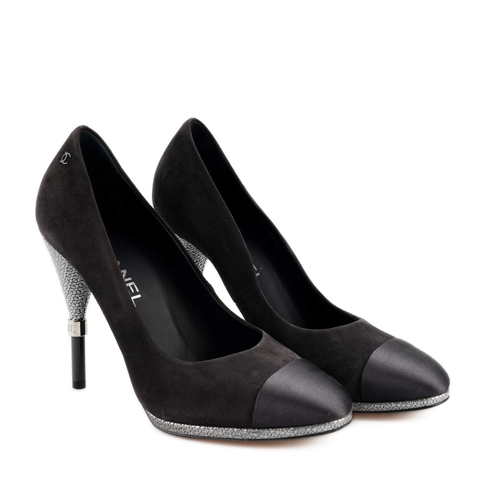 Chanel - Anthracite Suede and Black Satin CC Pumps